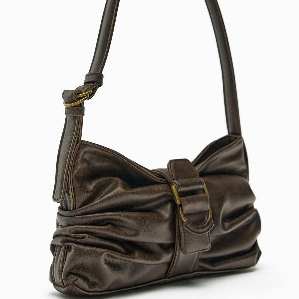 Stylish Women’s Faux Leather Shoulder Bag Adjustable Strap & Buckle Detail Brown