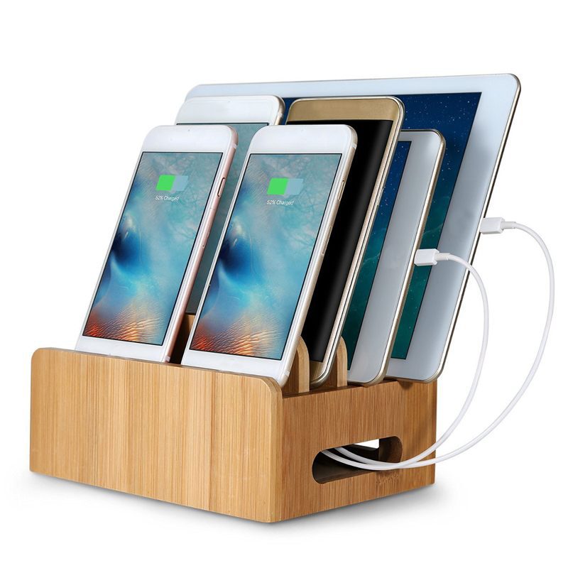Bamboo Charging Dock Station Organizer Tablets Phones Eco-Friendly Storage Stand