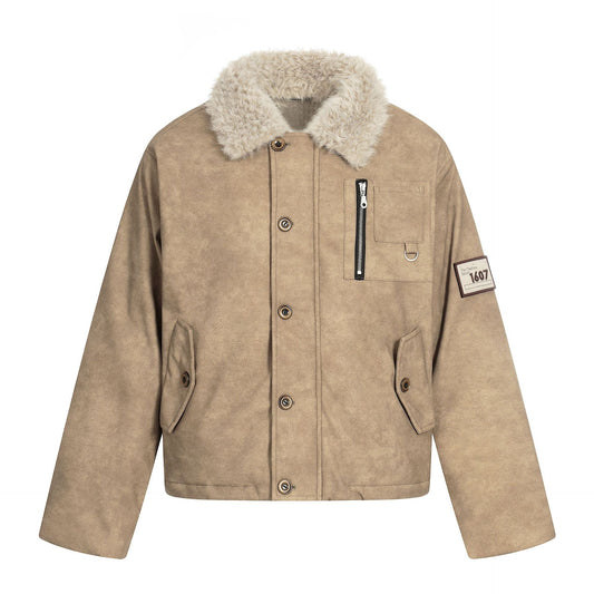 Embroidered Badge Faux Fur Collar PU Leather Short Aviator Flight Bomber Jacket