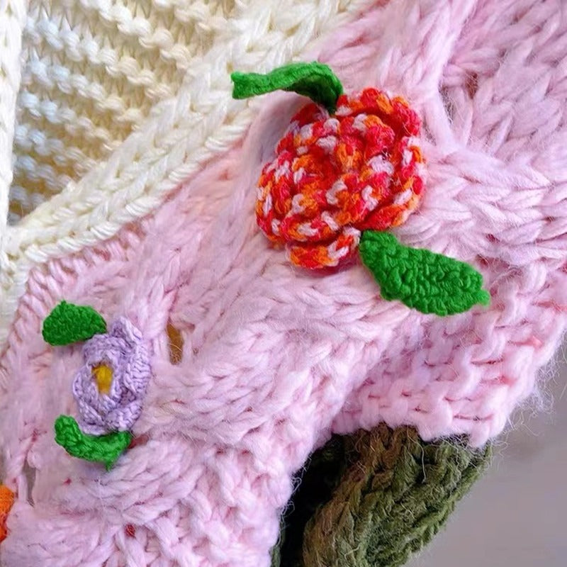 Women's Knitted Floral Flower Cardigan Sweater Button Closure Casual V-Neck