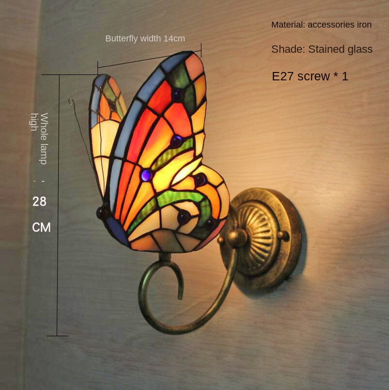 Home Butterfly LED Wall Lamp Stained Glass European Countryside Style Lighting