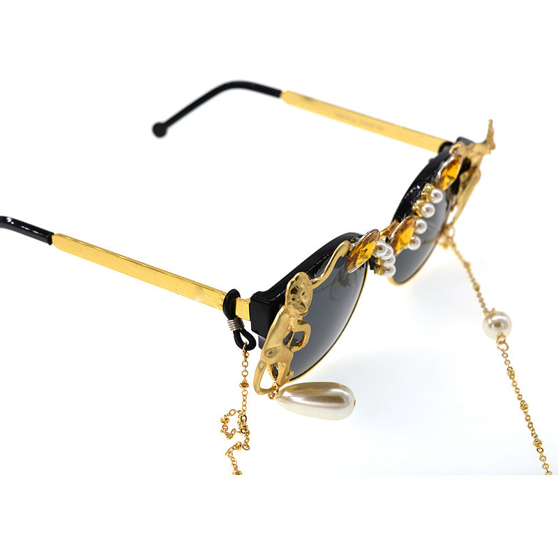 Women's Stylish Carved Monkey Pearl Crystal Sunglasses European Fashion Eyewear