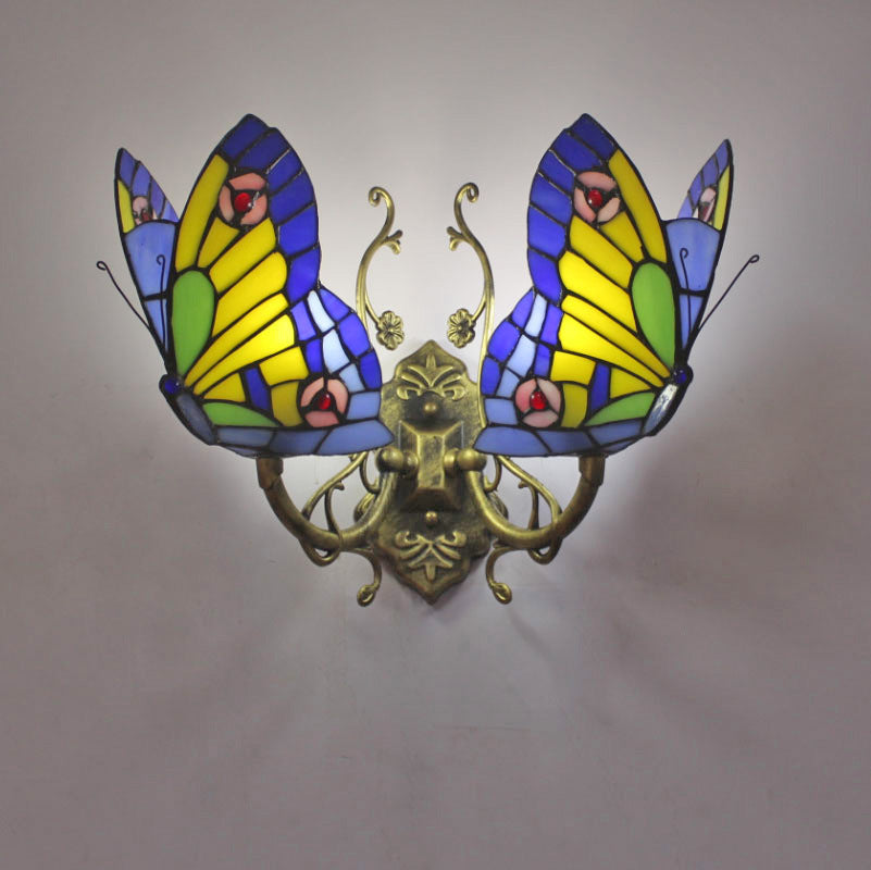 Home Butterfly LED Wall Lamp Stained Glass European Countryside Style Lighting