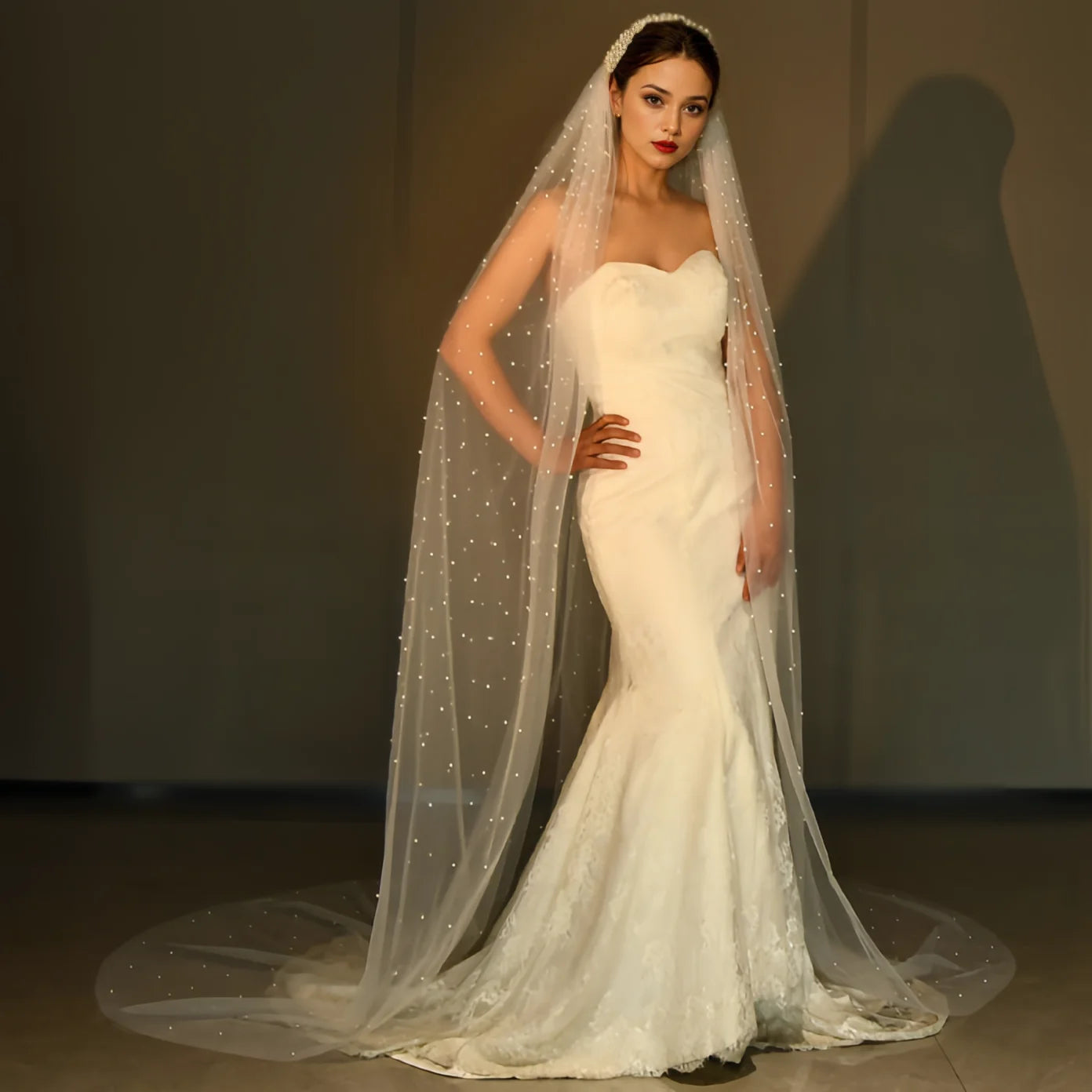 Cathedral Wedding Veil Premium Pearl Embellishments Elegant Bridal Accessory
