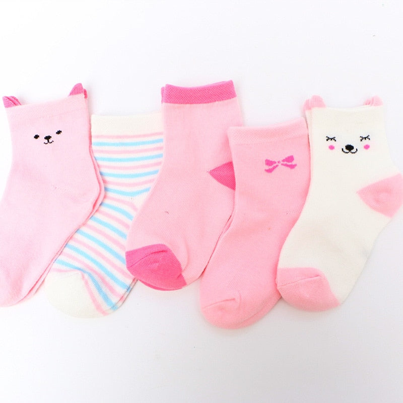 5 Pairs Baby & Toddler Cartoon Animal Socks, Soft Cotton, Ages 0-6 Years Pink Blue