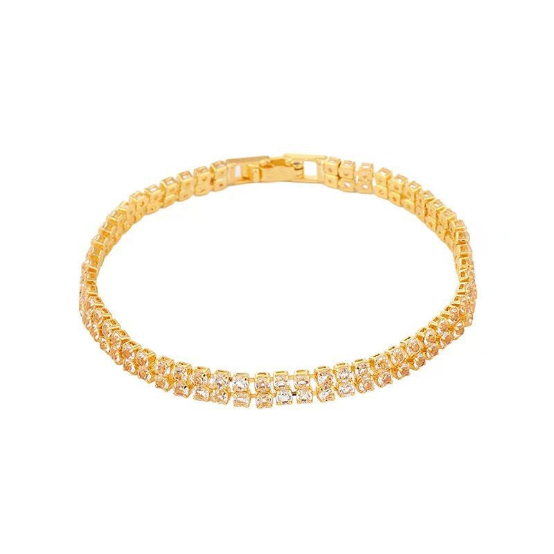Gold Plated Copper Bracelet Triple Row CZ Crystals 18cm Luxurious Elegant Style