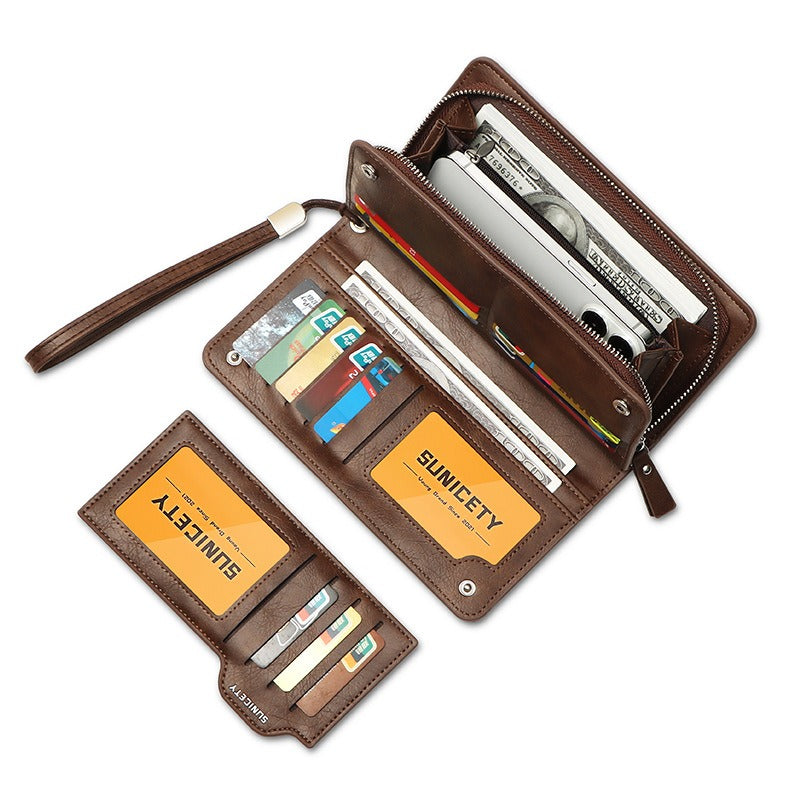 Men's Faux Leather Wallet Large Capacity Zipper Phone Slot Secure Storage Executive
