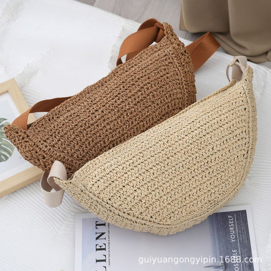 Handmade Woven Rattan Crossbody Bag Semicircle Dumpling Shape Breathable Design