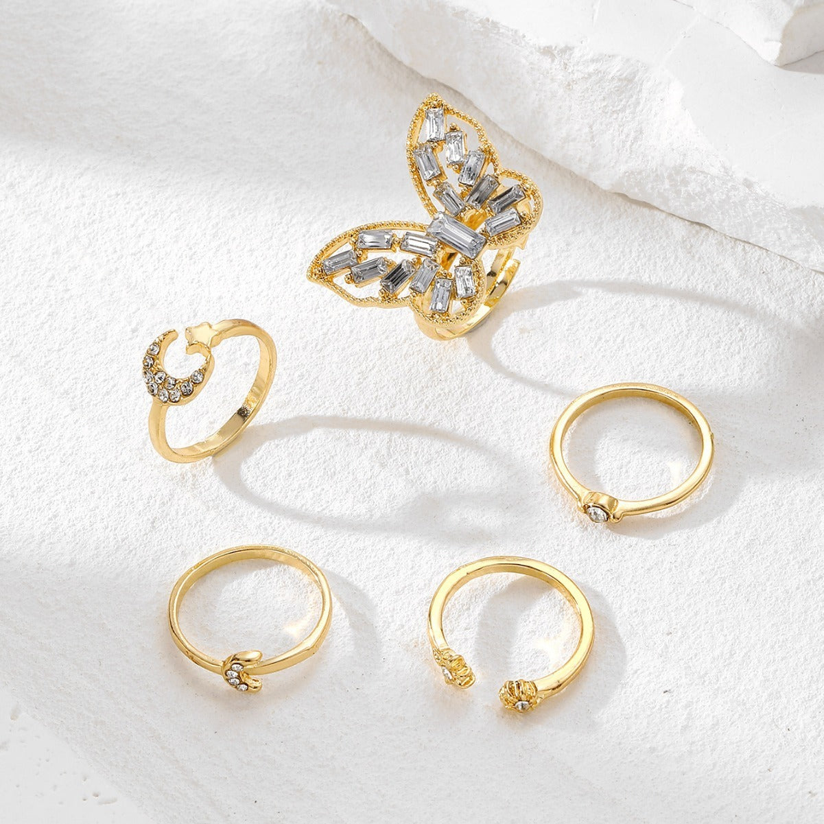 Women’s Gold Tone Midi Ring Set Butterfly Star Moon Jewelry Adjustable Rings