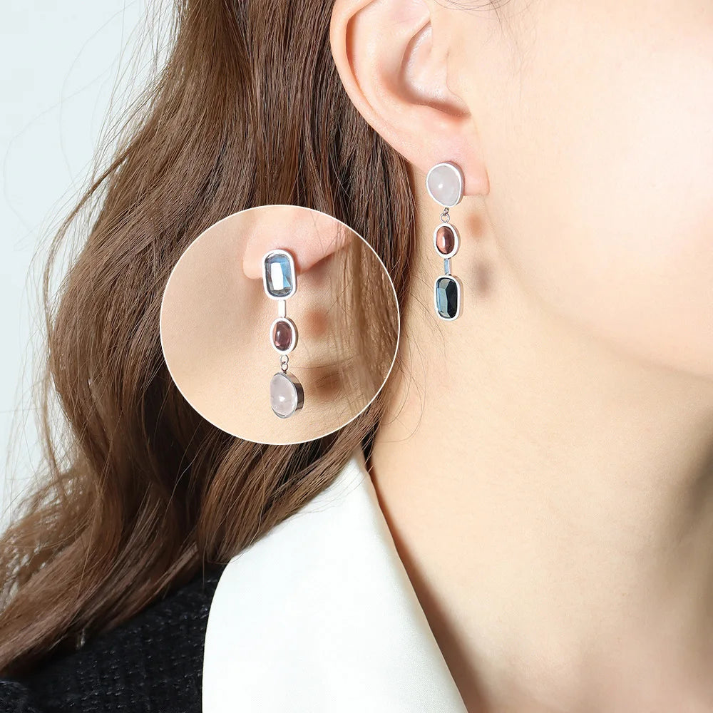 Contrasting Crystal Glass Stone Inlaid Earrings Elegant Design Chic Jewelry