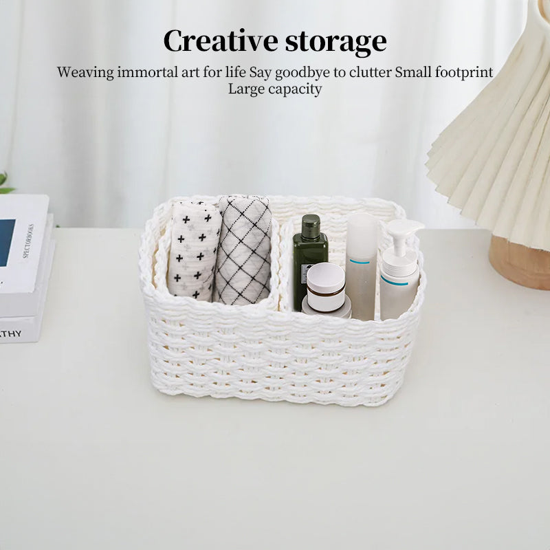 3 Piece Straw Woven Paper Rope Storage Baskets Rectangular Two Compartment Set