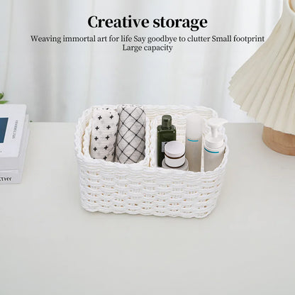 3 Piece Straw Woven Paper Rope Storage Baskets Rectangular Two Compartment Set