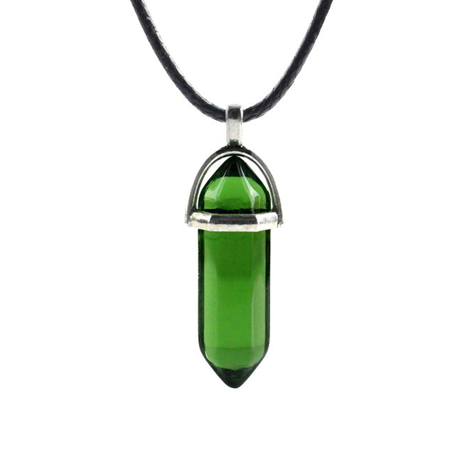 Natural Crystal Turquoise Glass Stone Pendant Necklace Leather Chains