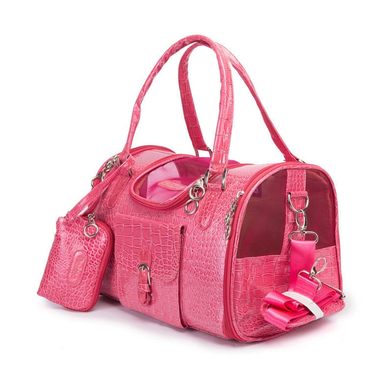 Crocodile Faux Leather Dog Carrier Bag Pink Black Pet Travel Handbag Tote Purse