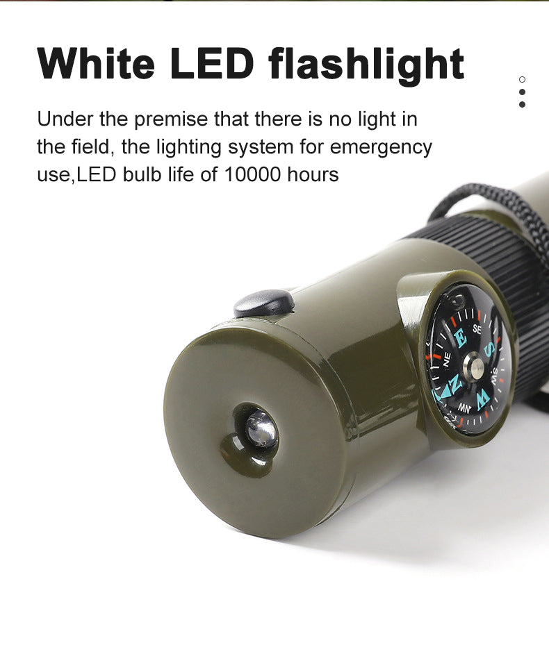 7-in-1 Survival Whistle LED Light Compass Thermometer Outdoor Emergency Gear