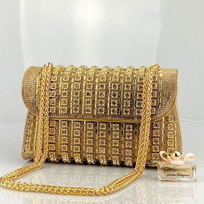 Rhinestone Embellished Evening Clutch Elegant Shoulder Chain Strap Accessory Bag