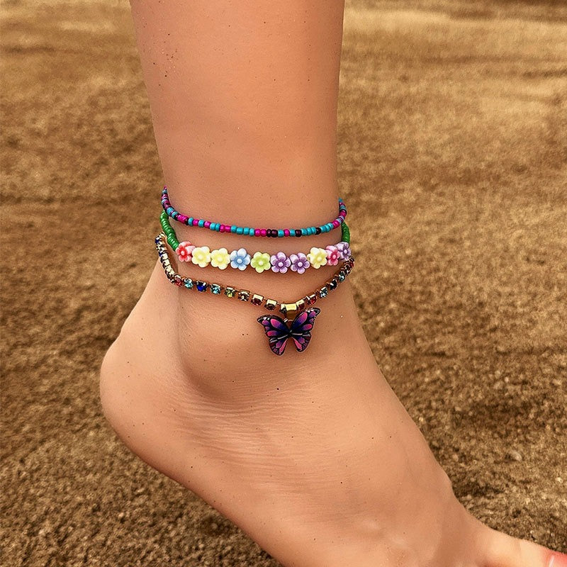 Multi-Layer Handmade Beaded Butterfly Dangle Floral Anklet Crystal Jewellery
