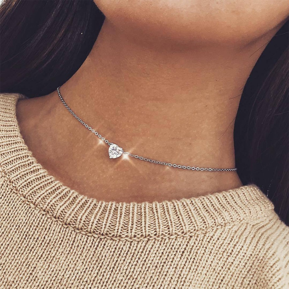 Silver Gold Tone Crystal Heart Chain Choker Necklace