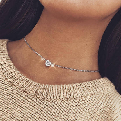 Silver Gold Tone Crystal Heart Chain Choker Necklace