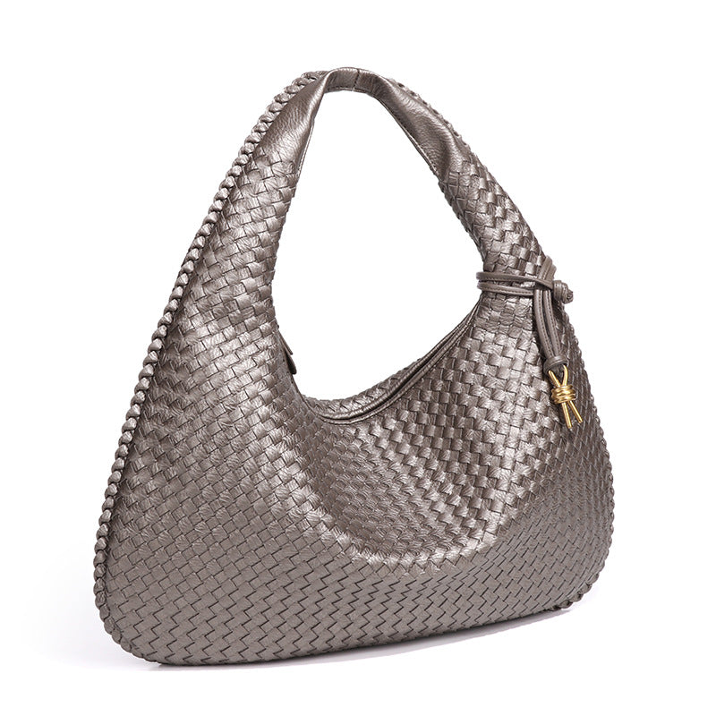 Large Women's Crescent Woven Handbag Zip Closure Daily Use Bag