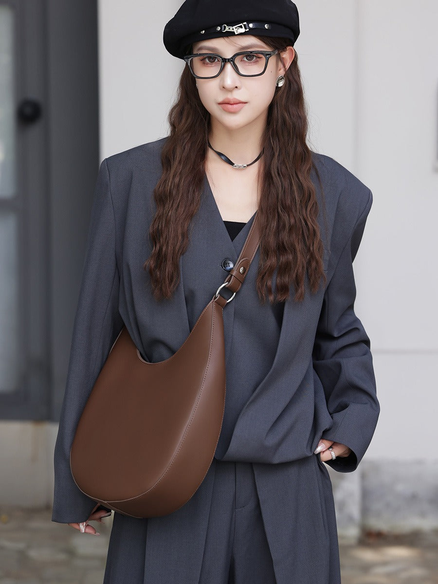 Genuine Leather Single Shoulder Bag Women's Crescent Shaped Crossbody Tote