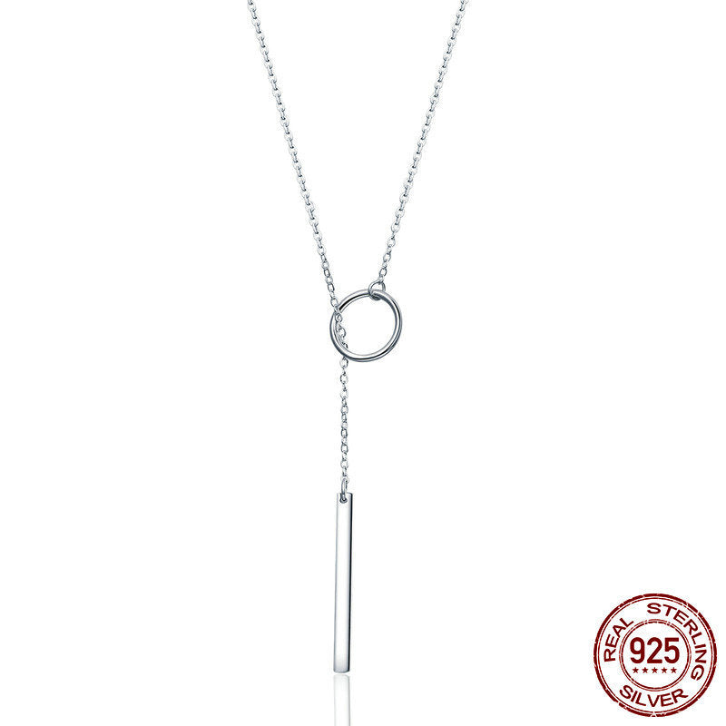 S925 Sterling Silver Round Bar Pendant Necklace Elegant 80cm Chain Jewellery