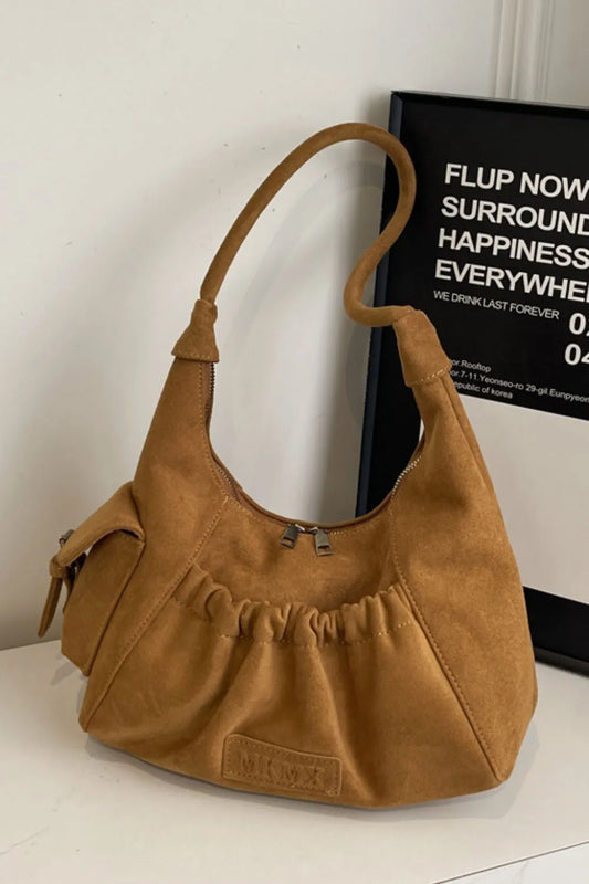 Suede Ruched Handbag Zipper Closure Elegant Evening Purse Spacious Accessory Storage