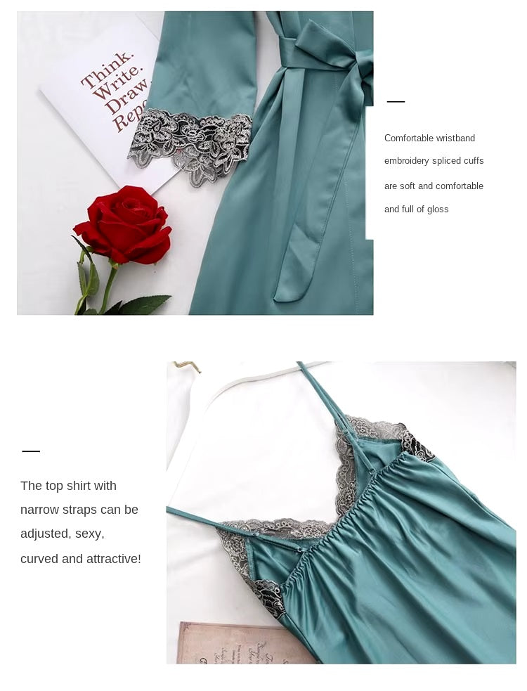 Women's 5-Piece Silk Pajama Set Elegant Lace Trim Sleepwear Nightwear Robe Lounge
