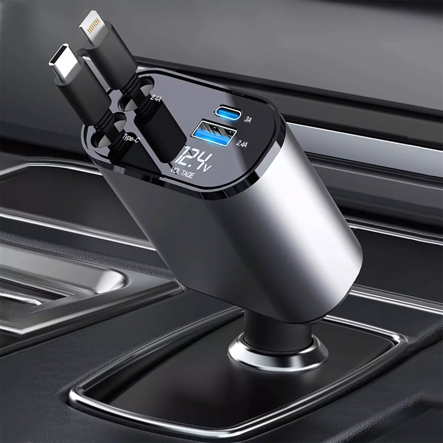 4-in-1 Retractable Car Charger 100W Fast Charging Alloy Type-C 3 Pin USB