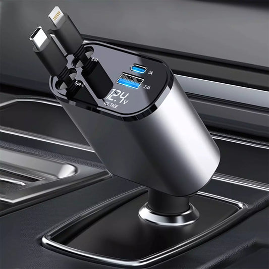 4-in-1 Retractable Car Charger 100W Fast Charging Alloy Type-C 3 Pin USB