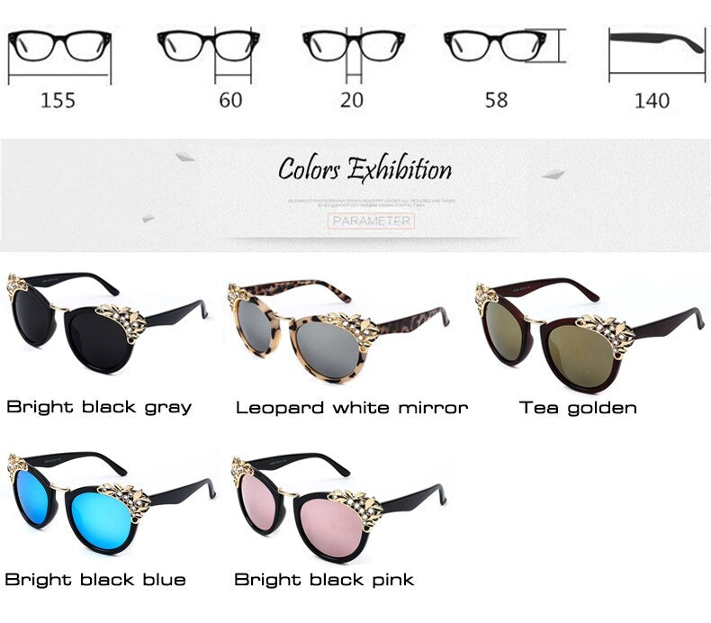 Rhinestone Cat Eye Sunglasses UV400 Mirror Lens Sun Protection Stylish Ladies