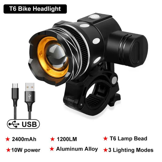 LED T6 USB Rechargeable Bicycle Light 2400mAh Zoomable MTB Cycling Flashlight
