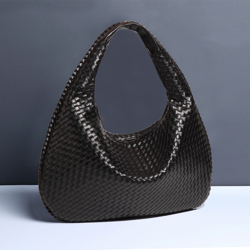 Large Women's Crescent Woven Handbag Zip Closure Daily Use Bag