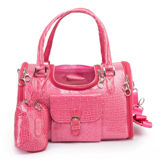 Crocodile Faux Leather Dog Carrier Bag Pink Black Pet Travel Handbag Tote Purse