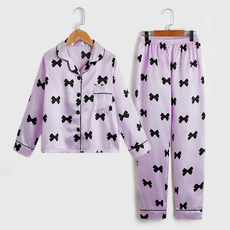 Children's Girls Satin Pyjama Set - Bow Print, 4 Colours, Ages 8-16, Luxury Nightwear