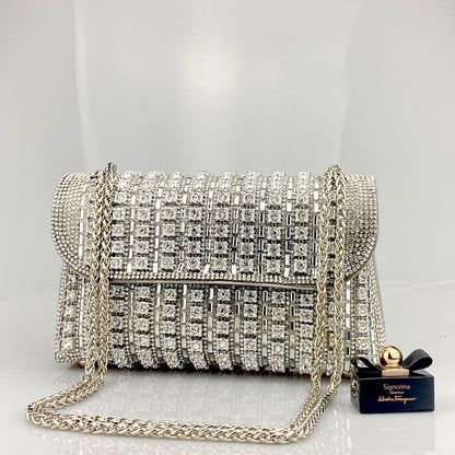 Rhinestone Embellished Evening Clutch Elegant Shoulder Chain Strap Accessory Bag
