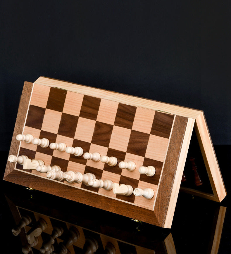 Premium Solid Wood Magnetic Chess Set International Checkers Combo Game Board