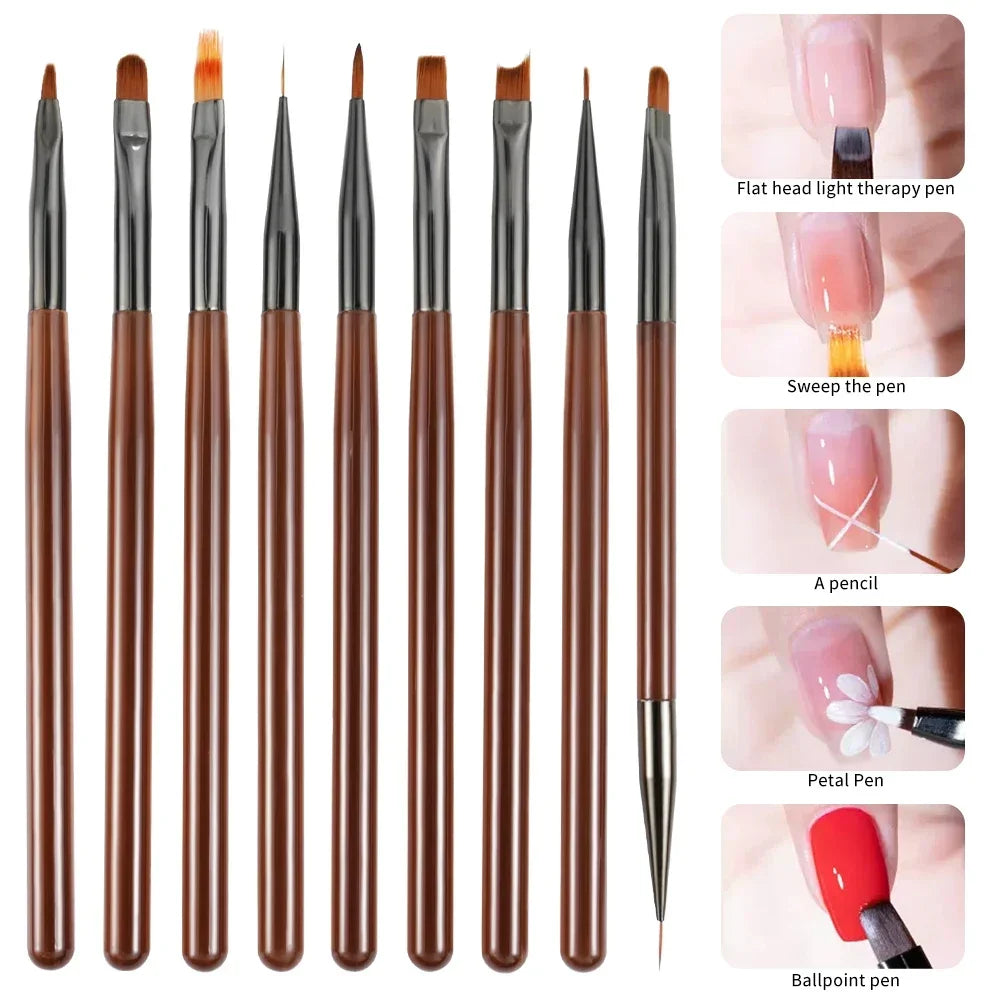 Set of 9 UV Gel Nail Art Brush Set Liner Acrylic Detail Brushes Manicure Beauty