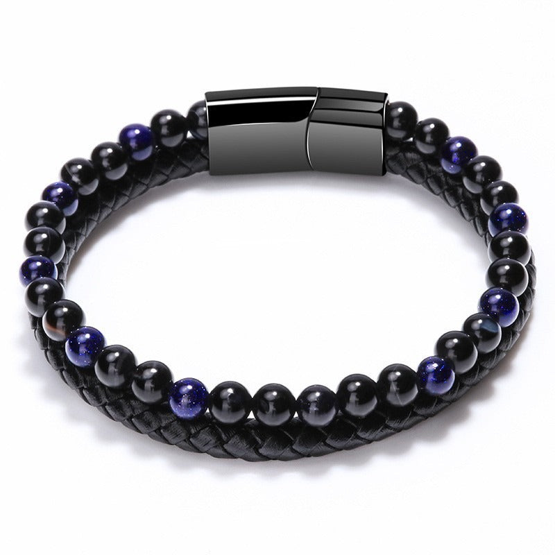 Volcanic Natural Stone Tiger Eye Beaded Bracelet Male Cowhide Rope Agate Handwear