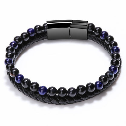 Volcanic Natural Stone Tiger Eye Beaded Bracelet Male Cowhide Rope Agate Handwear