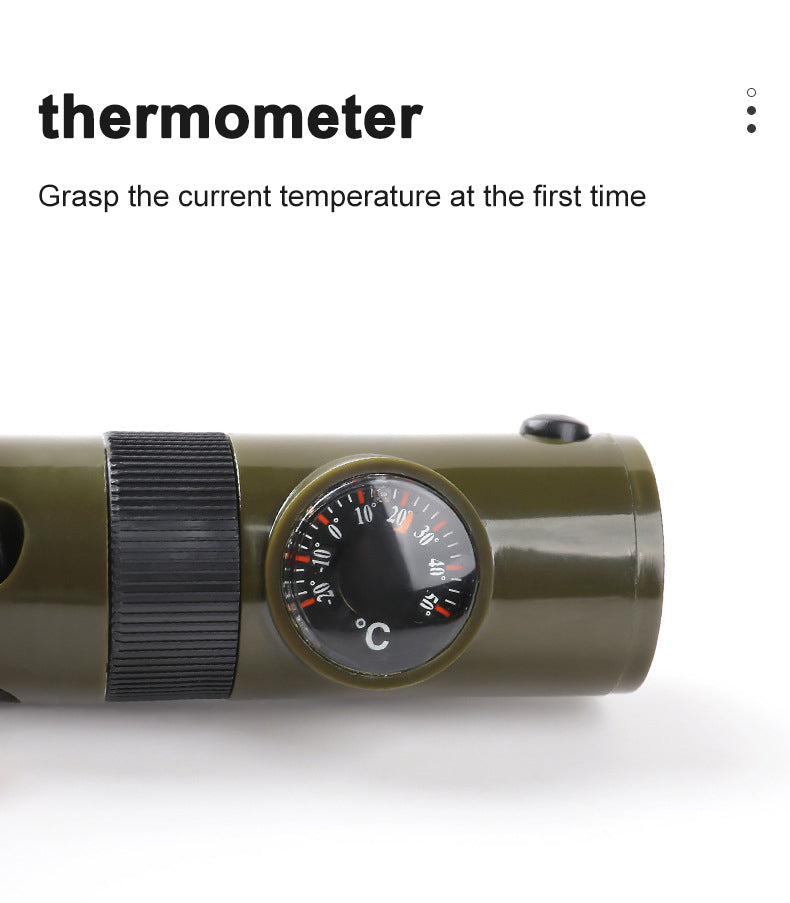 7-in-1 Survival Whistle LED Light Compass Thermometer Outdoor Emergency Gear