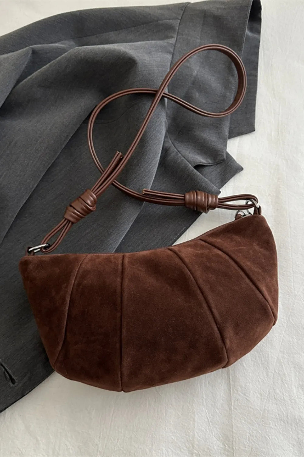 Suede Croissant Shoulder Bag Small Velvet Polyester Zip Strap Handbag 25.5cm