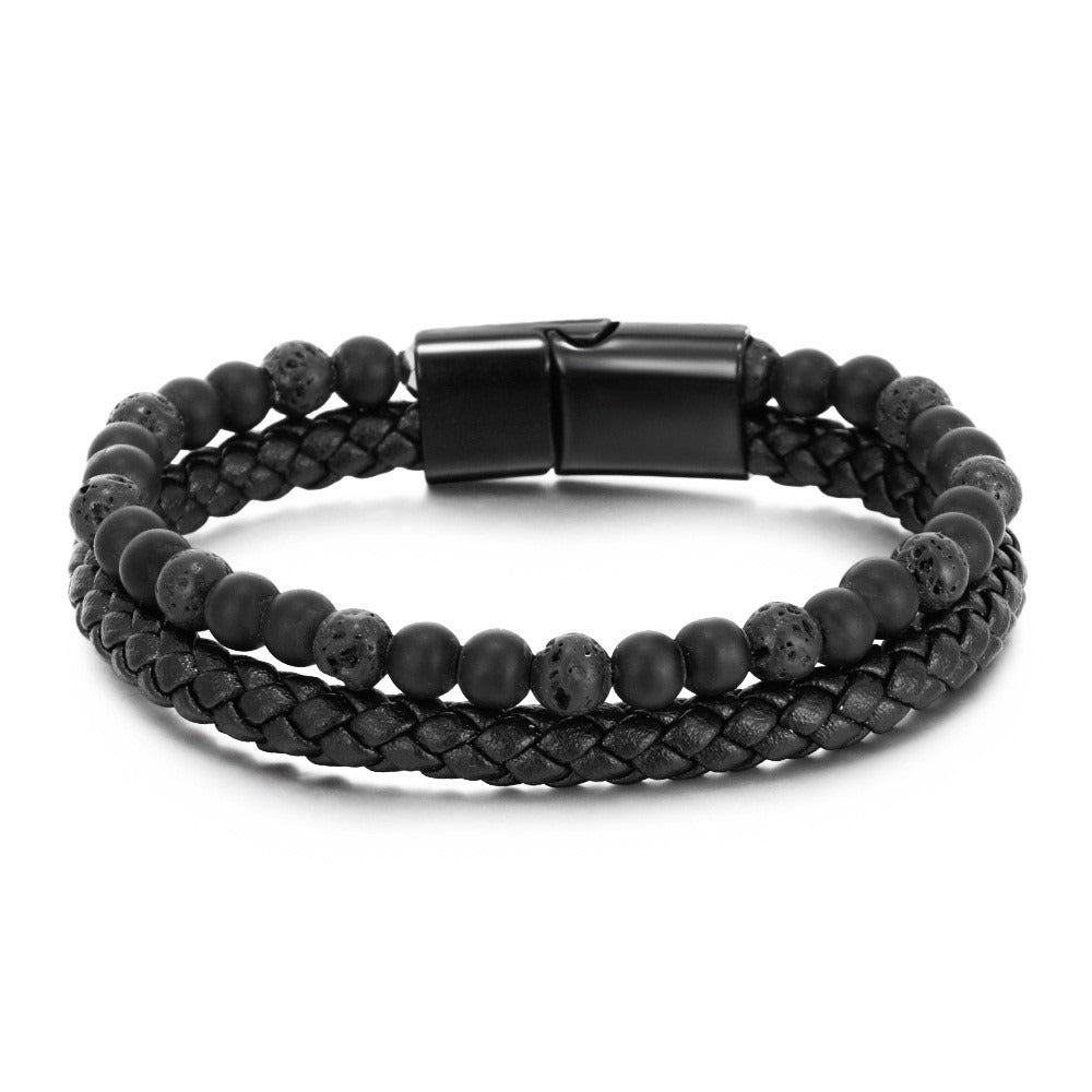 Volcanic Natural Stone Tiger Eye Beaded Bracelet Male Cowhide Rope Agate Handwear