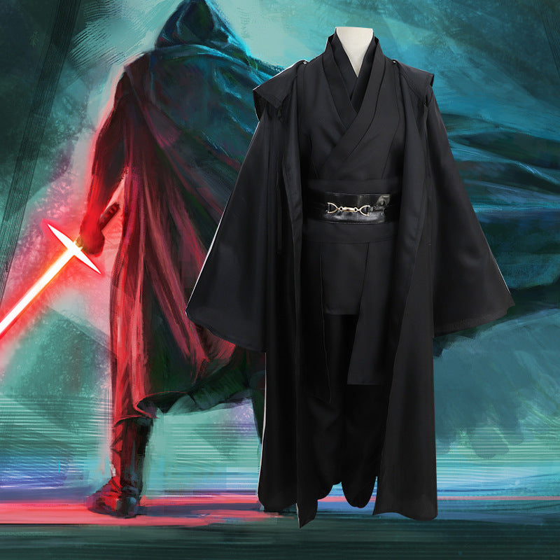 Unisex Black Hooded Fantasy Cloak Robe Cosplay Costume Loose Fit Outfit