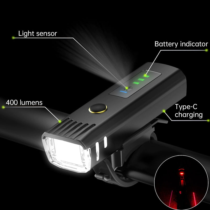 LED Bike Headlight and Taillight Set, Mountain Cycling Headlamp, Light Sensor