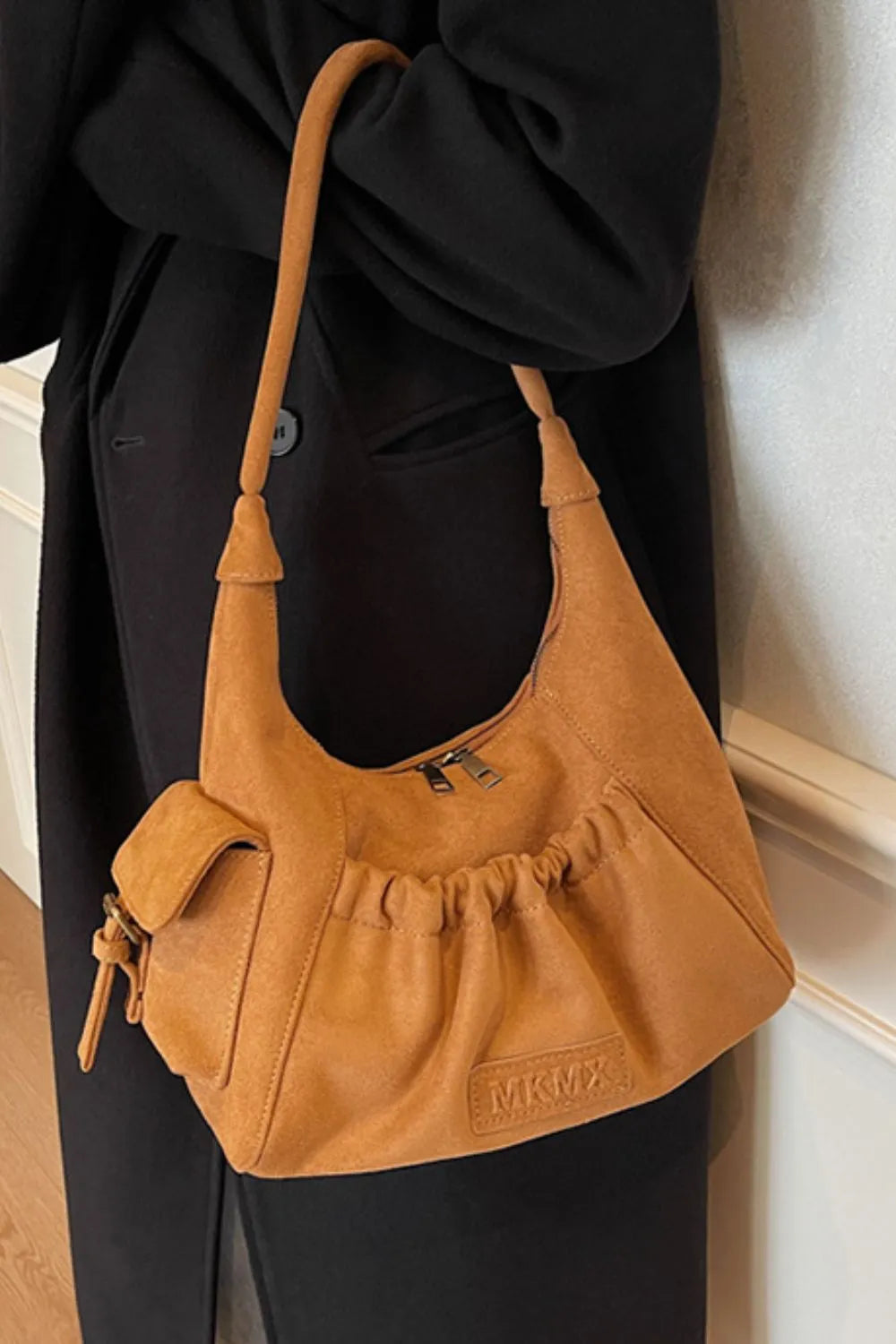 Suede Ruched Handbag Zipper Closure Elegant Evening Purse Spacious Accessory Storage