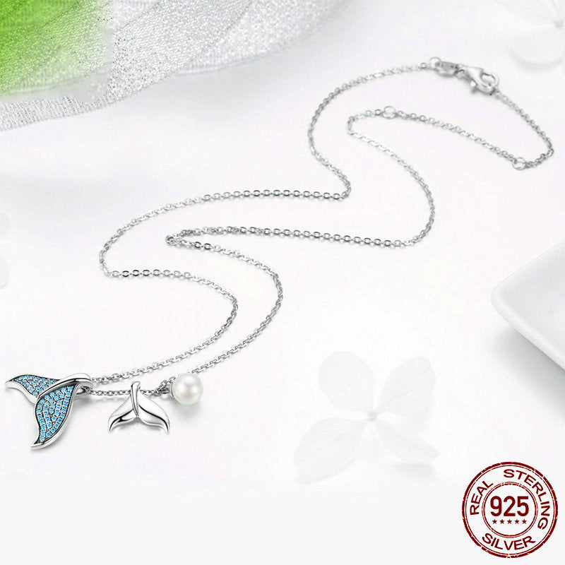 Sterling Silver 925 Zircon Pearl Mermaid Tail Elegant Necklace Gift Women 44cm