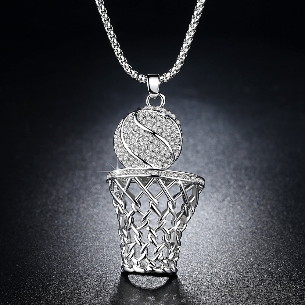 Men's Iced Out Crystal Basketball Pendant Necklace Gold Silver Hip Hop