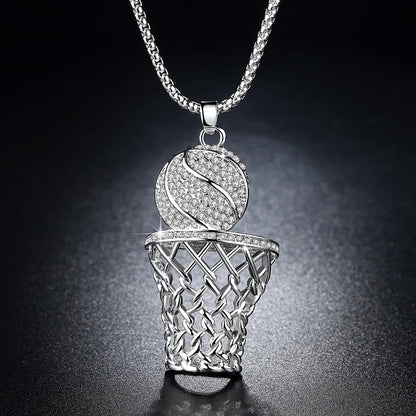 Men's Iced Out Crystal Basketball Pendant Necklace Gold Silver Hip Hop
