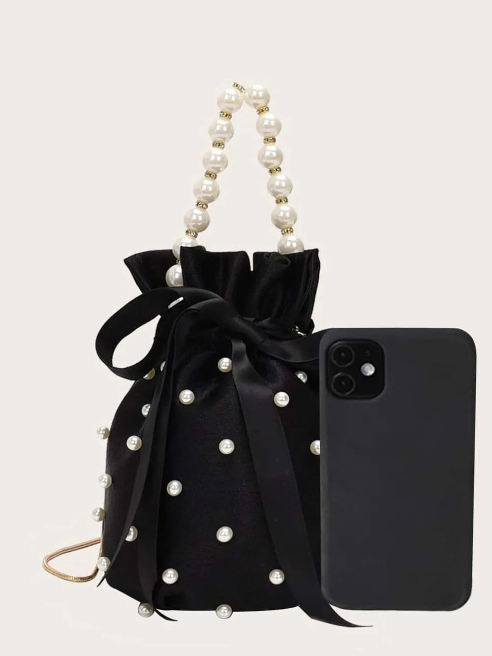 Pearl Embellished Bucket Bag Spacious Nylon Drawstring Closure Faux Leather Trim
